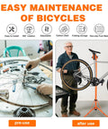 Heavy Duty E Bike Repair Stand Portable Foldable Workstand With 176 Lb Capacity in use for bike maintenance, pre-use and after use phases shown.