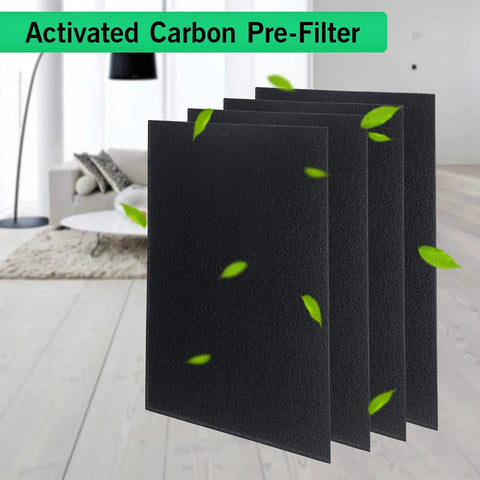 Premium True HEPA Replacement Filter Kit With Four Carbon Prefilters For Your Air Purifier Odor Free And Easy To Install Save Money With This Budget Friendly Replacement Set Fits 115115 Size 21 showing activated carbon pre-filters in modern room.