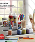 Sleek Three Tier Cabinet Organizer That Straight Up Fixes Pantry Chaos, Non Skid Storage Rack For Spices Seasonings And Canned Goods, White Gray Kitchen Shelf with art supplies and craft materials.
