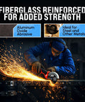 Worker using 3-Inch Cut-Off Wheels 1/16-Inch Thick 3/8-Inch Arbor Double Reinforced on steel, sparks flying