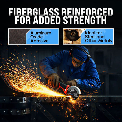 Worker using 3-Inch Cut-Off Wheels 1/16-Inch Thick 3/8-Inch Arbor Double Reinforced on steel, sparks flying