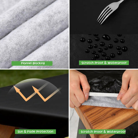 All Weather No Fuss Picnic Table Cover Set With Fitted 6 Foot Bench Covers Waterproof Tablecloth for Outdoor Camping and RV Life, solid black, showing scratch-proof surface, waterproof beads, sun protection graphic, flannel backing
