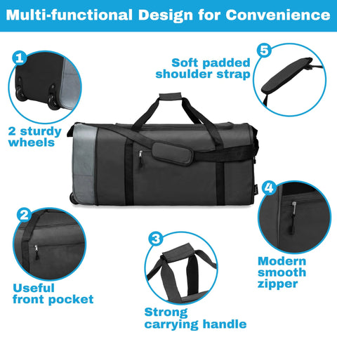 Finnhomy 100L foldable rolling duffel bag with two wheels, gray/black fabric, shoulder strap and front pocket
