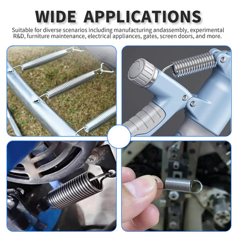 Premium 304 Stainless Steel Extension Springs With Double Hook Ends 10 Piece Pack shown in various applications for car and home use.