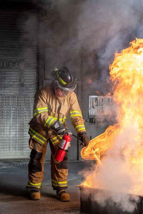 Firefighter using a Five Pack ABC Dry Chemical Fire Extinguishers With Wall Brackets, 5 Lb Each, Multi Purpose Class A B C, UL Rated 3A 40B C