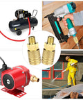 Two brass M-style 1/4 in NPT quick-connect air hose fittings, high-flow industrial couplers.
