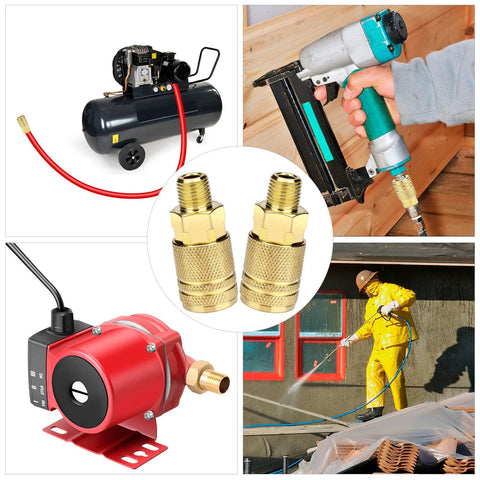Two brass M-style 1/4 in NPT quick-connect air hose fittings, high-flow industrial couplers.