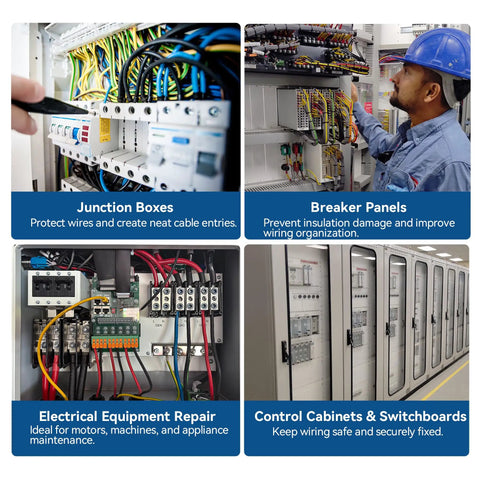 No Fuss Gray Push In Wire Connectors For Non Metallic Cable Bulk Fifty Pack Plug And Play Junction Box Knockout Plugs For Three Eighths To Half Inch Electrical Job Fixes in use with equipment in junction boxes and breaker panels.