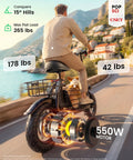 Rider on electric scooter with seat for adults 550W motor foldable commuter ride, pet in basket, 12 inch tires, scenic road