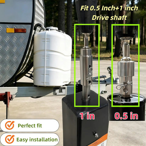 Heavy Duty Trailer Jack Drill Adapter Fits Half And One Inch Shaft Drives For Towing Campers Up To Twelve Thousand Lbs Quick Swap Design close-up of 0.5 and 1 inch drive shaft
