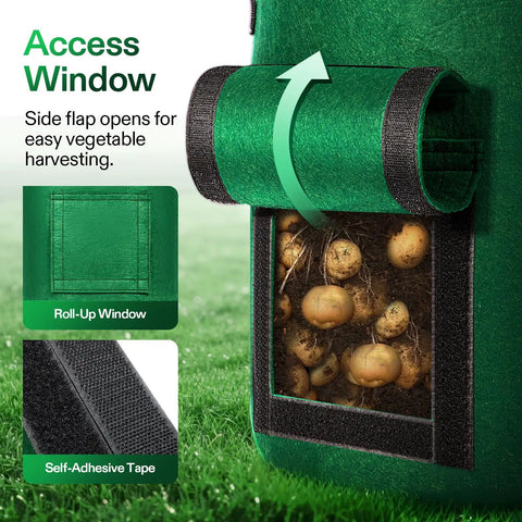 Close-up of roll-up window on Five Pack 7 Gallon Fabric Potato Grow Bags With Handles And Roll Up Windows For Easy Harvests