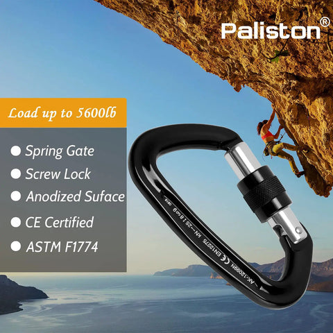 Rock Solid Locking Carabiner With Screw Gate And Keylock Nose Design crafted from 7075 aluminum alloy, CE certified, spring gate, 5600 lb load.