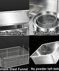 Built Tough As Nails Stainless Steel Powder Coating Workbench With Deep Dipping Tank For Commercial Garages And Auto Shops Killer Leak Free Design showcasing condiment tray, tall round bowl, basket, and funnel.