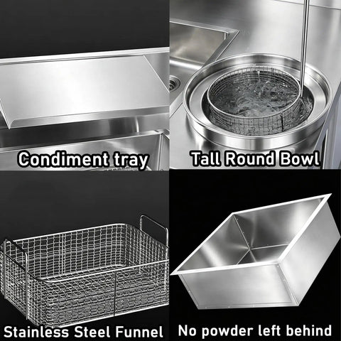 Built Tough As Nails Stainless Steel Powder Coating Workbench With Deep Dipping Tank For Commercial Garages And Auto Shops Killer Leak Free Design showcasing condiment tray, tall round bowl, basket, and funnel.