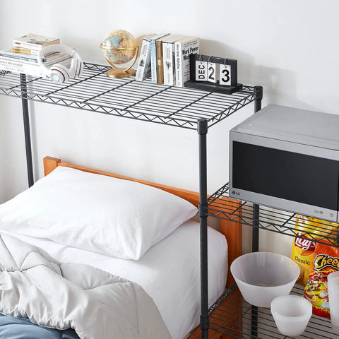 Gunmetal Gray Beefy Adjustable Shelving Unit With 18 Gauge Steel, Tool Free Assembly, 300 Lb Capacity, 1 Inch Shelf Increments, Durable Wire Frame With Venting For Electronics, Perfect Garage And Home Organization used as bedside storage