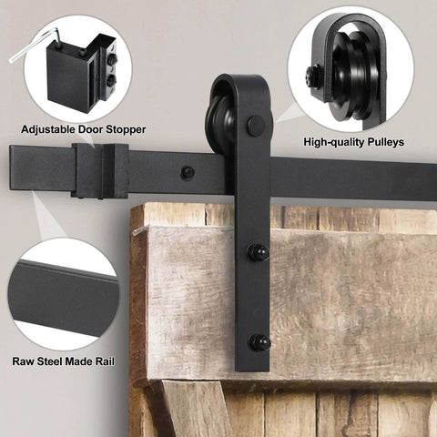 6.6 Foot Single Barn Door Hardware Kit For 36 To 40 Inch Doors with heavy duty steel sliding rail, rollers, and stoppers