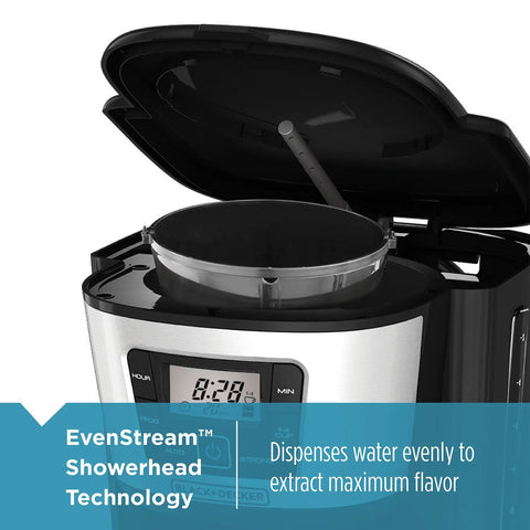 12-Cup Thermal Coffee Maker with Wide Mouth Carafe and No-Drip Pour Spout, Black Silver Finish, open lid showing showerhead technology