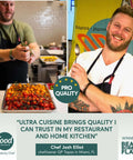 Chef Josh Elliot with vegetables on a quarter sheet pan, highlighting Ultra Cuisine's quality for restaurants and home kitchens.