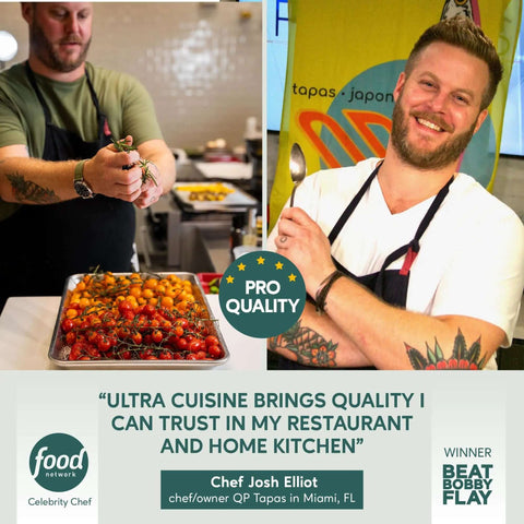 Chef Josh Elliot with vegetables on a quarter sheet pan, highlighting Ultra Cuisine's quality for restaurants and home kitchens.