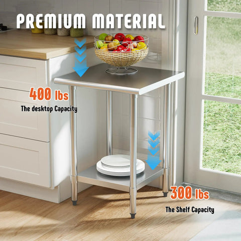 NSF Certified Stainless Steel Prep Table With Adjustable Undershelf 24 By 24 Inch Tabletop in kitchen corner setup.