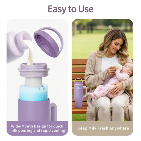 Reusable Breastmilk Storage Bottle With Insulated Cooler Keeps Baby Feed Fresh For 24 Hours Travel Ready mom pouring milk into purple bottle.