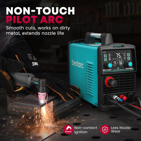 Dual Voltage Pilot Arc Plasma Cutter for Home Workshop with LED display in use cutting metal, showing non-touch pilot arc.