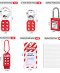 Pro Grade 73 Piece OSHA Compliant Lockout Tagout Kit with padlocks, hasps, tags, and zip ties for industrial safety.