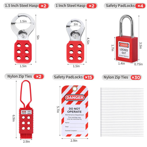 Pro Grade 73 Piece OSHA Compliant Lockout Tagout Kit with padlocks, hasps, tags, and zip ties for industrial safety.