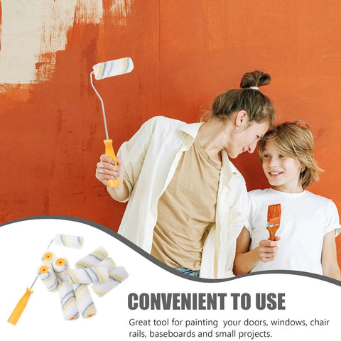 Ready To Roll Mini Paint Roller Brush Kit With Quick Swap Covers For Doors Baseboards And Window Trim Professional Wall Painting Tool That Makes Painting A Breeze, compact roller in hand during a home project.