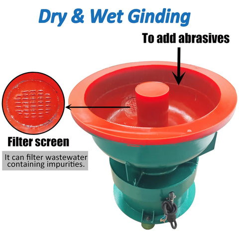 Close-up of Pro Tech 60 Liter Electric Vibratory Tumbler with filter screen for wet and dry grinding use.