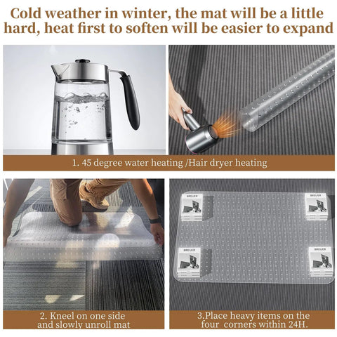Clear Office Chair Mat For Carpeted Floors 36 By 48 Inches 0.09 Inch Thick With Non Slip Studded Bottom shown with heating instructions.