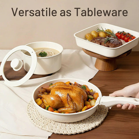 Nonstick Ceramic Pots And Pans Set With Detachable Handles in use with roast, soup, and steak dishes displayed.