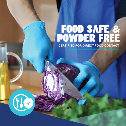 Blue Nitrile Exam Gloves 4 Mil Heavy Duty 1000 Count Bulk Box Powder Free Latex Free Chemical Resistant used for food preparation.