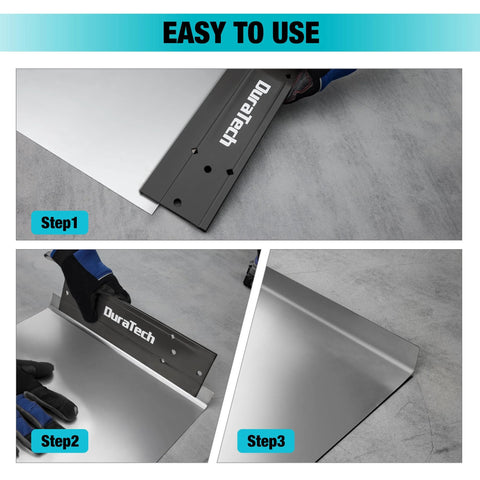 12 Inch Sheet Metal Bender For Duct Bending And Hand Seamer With Three Eighths Inch And One Inch Fold Depths For Precise HVAC Ducts And Metal Fabrication On The Job Site Built From Cold Rolled Carbon Steel For Pro Grade Strength Gray Duratech shown in use on metal sheet.