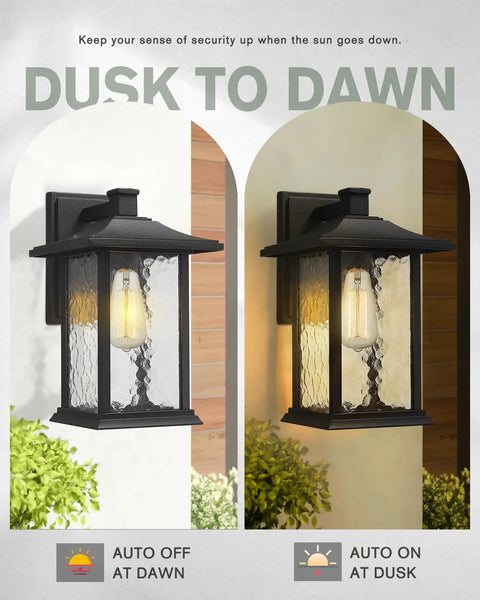 Outdoor Wall Lights 14 Inch Dusk To Dawn Exterior Wall Mount Sconce with water ripple glass on a porch