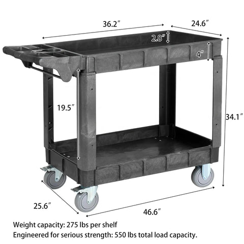 Bad Boy Heavy Duty Utility Cart, Two Tier Rolling Storage Rack With 550 Pound Capacity, Commercial Grade Polypropylene Build, Smooth Roll Swivel Wheels, Dark Gray Professional Shop Cart