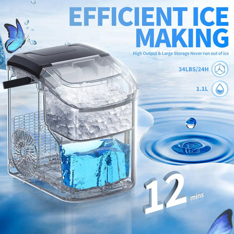 Chewable Nugget Ice Countertop Maker With One Click Operation Portable Stainless Steel Ice Machine Delivers 34 Lbs Per Day Self Cleaning Comes With Ice Scoop Great For Kitchen And Office, shown with water and ice.