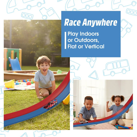 Children playing with Flexible Race Track For Kids 15 Foot Roll Up Starter Set With Suction Cups Compatible With Hot Wheels 1 64th Cars