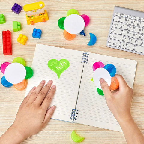 Person using Petals Highlighters Set 140 Pieces In Five Assorted Fluorescent Colors Flower Shape Watercolor Highlighter Pens Five In One Pens on notebook