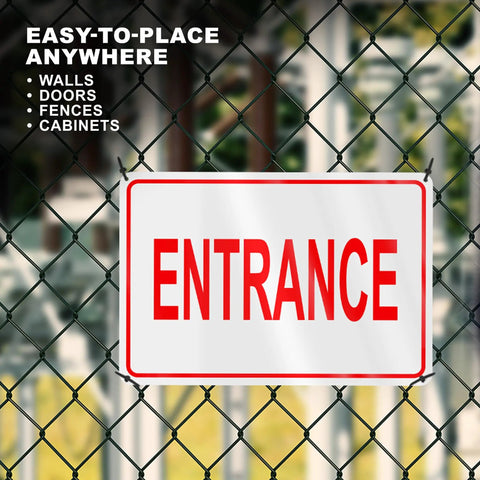 Clear Reflective Entrance Sign For Businesses, 8x12 Inch Rust Free Aluminum, Enter Here, Pre Drilled For Easy Mount, Weatherproof UV Protected Outdoor Sign That Grabs Attention And Directs Guests To The Correct Entry Point. Mounted on chain-link fence with "ENTRANCE" text.