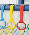 4 Pack Baby Walk Assistant Crib Pull Rings In Red Blue Green Yellow For Infant Toddler Walking Practice Cot Hanging Rings Durable Plastic 7.5 Inch Set Great For Home Use, four hanging rings on crib