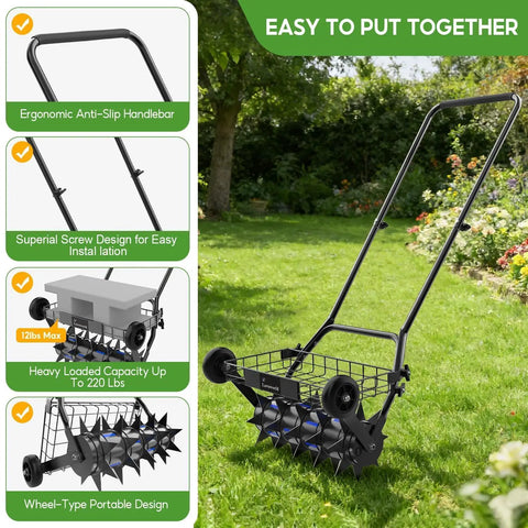 2 In 1 Rolling Lawn Aerator And Roller With Removable Gear Spikes For Easy Switch Heavy Duty Yard Tool For Grass And Soil