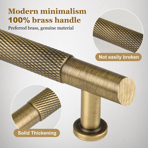 Close-up of Vintage Brass 5 Inch Knurled Cabinet Pulls with antique style finish, highlighting solid brass material and grip texture.