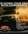 Heavy Duty Ratchet Straps 1.5 Inch By 6.5 Feet Built Tough With Triple Stitched Seams securing gear on a truck.