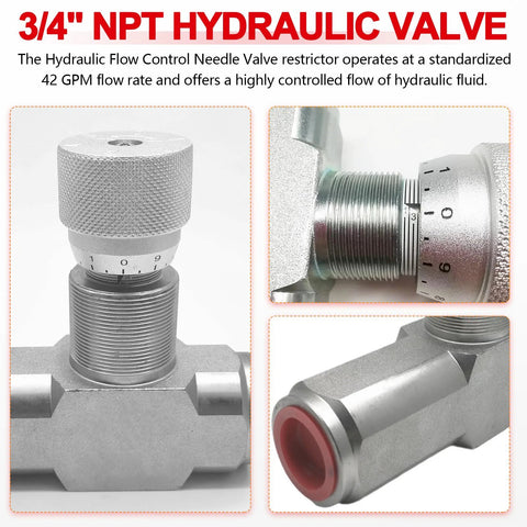 3/4-inch hydraulic flow control valve with knurled adjuster, inline check valve, and two 3/4-inch male-thread adapters
