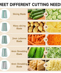 Rotary Cheese Grater Hand Crank 5 In 1 Mandoline Slicer with 5 blades showing slicing, julienne, and shredding options.