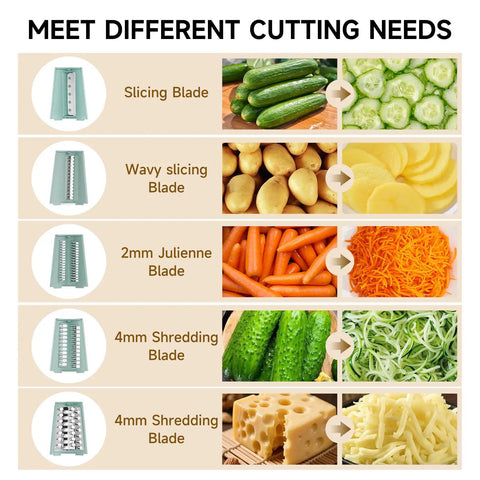 Rotary Cheese Grater Hand Crank 5 In 1 Mandoline Slicer with 5 blades showing slicing, julienne, and shredding options.