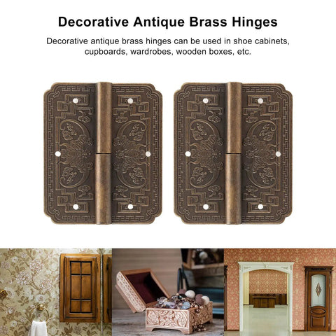 Antique Brass Butt Hinges for Cabinet Doors, Two Sets with 12 Nails, Vintage Hardware for Wood Boxes, Distressed Bronze Finish