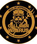 Call Sign Walrus seal logo with walrus and trident emblem on black and gold background
