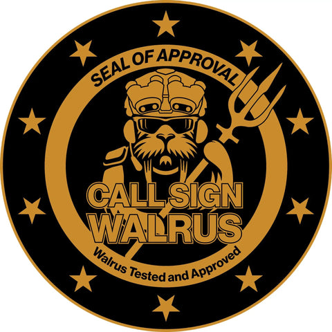 Logo with walrus in military gear, text 'Seal of Approval' and 'Call Sign Walrus', trident and stars border.